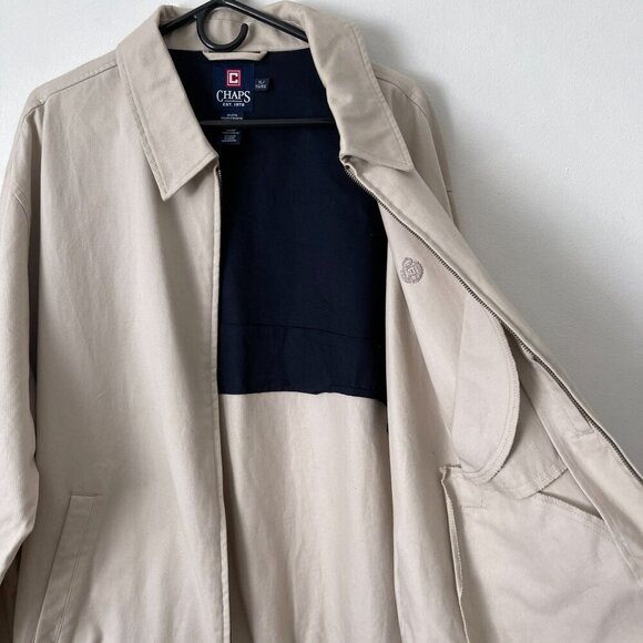 Chaps XL Beige Zip Up Bomber Field Utility Jacket Collar Embroidered Crest Logo - Picture 6 of 8